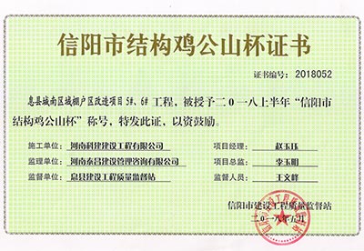 “息县城南区域棚户区刷新项目5#、6#工程”被授予2018上半年“信阳市结构鸡公山杯”称号